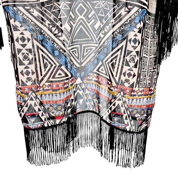 Angie NWT Aztec Print Fringe Kimono Medium Sheer Colorful Southwest Boho Flowy - Picture 6 of 16